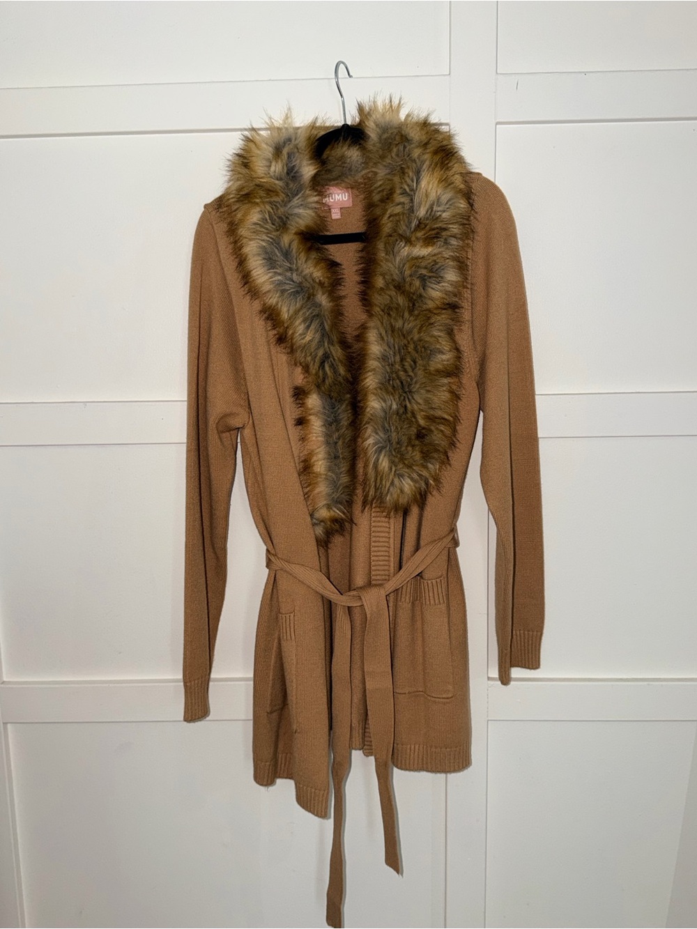 Show Me Your MuMu Camel Brown Faux Fur Trim Cardigan Coat